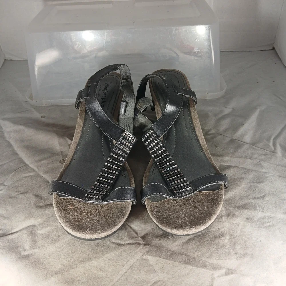 Comfort Plus by Predictions Wedge Sandals 8W Pewter Rhinestone Metallic Glam